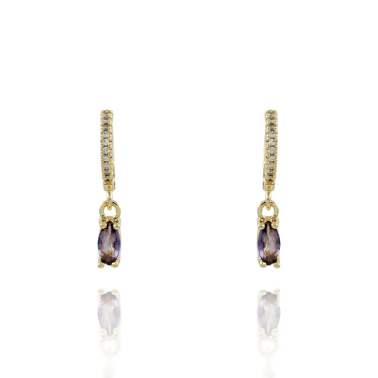 BRINCO DE ARGOLA ARTICULADA CRAVEJADA CRISTAL COM PINGENTE DE ZIRCÔNIA ROXA