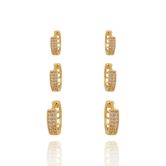 TRIO DE BRINCO DE ARGOLAS ARTICULAS ARTICULADAS CRAVEJADO CRISTAL (13MM/15MM/17MM)